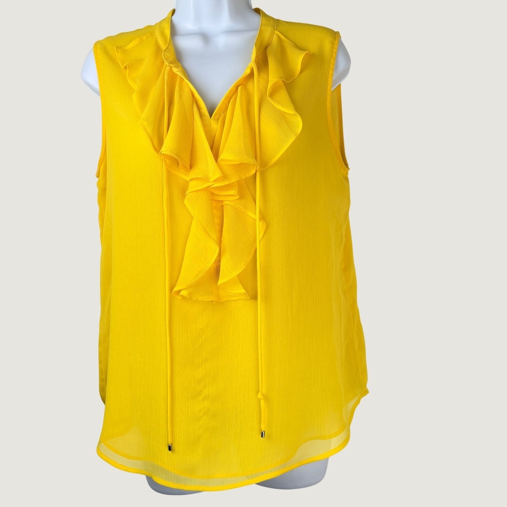 Tommy Hilfiger Womens M Blouse Yellow Ruffle V-Neck Tie Front‎ Sleeveless Top